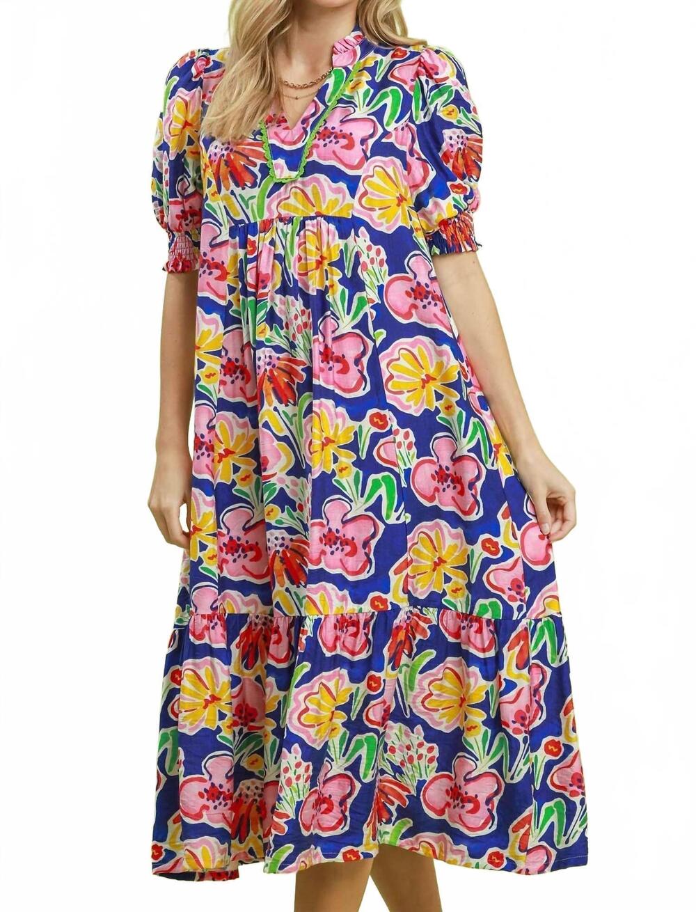 NEW UMGEE floral print puff sleeve tiered midi dress in blue multi